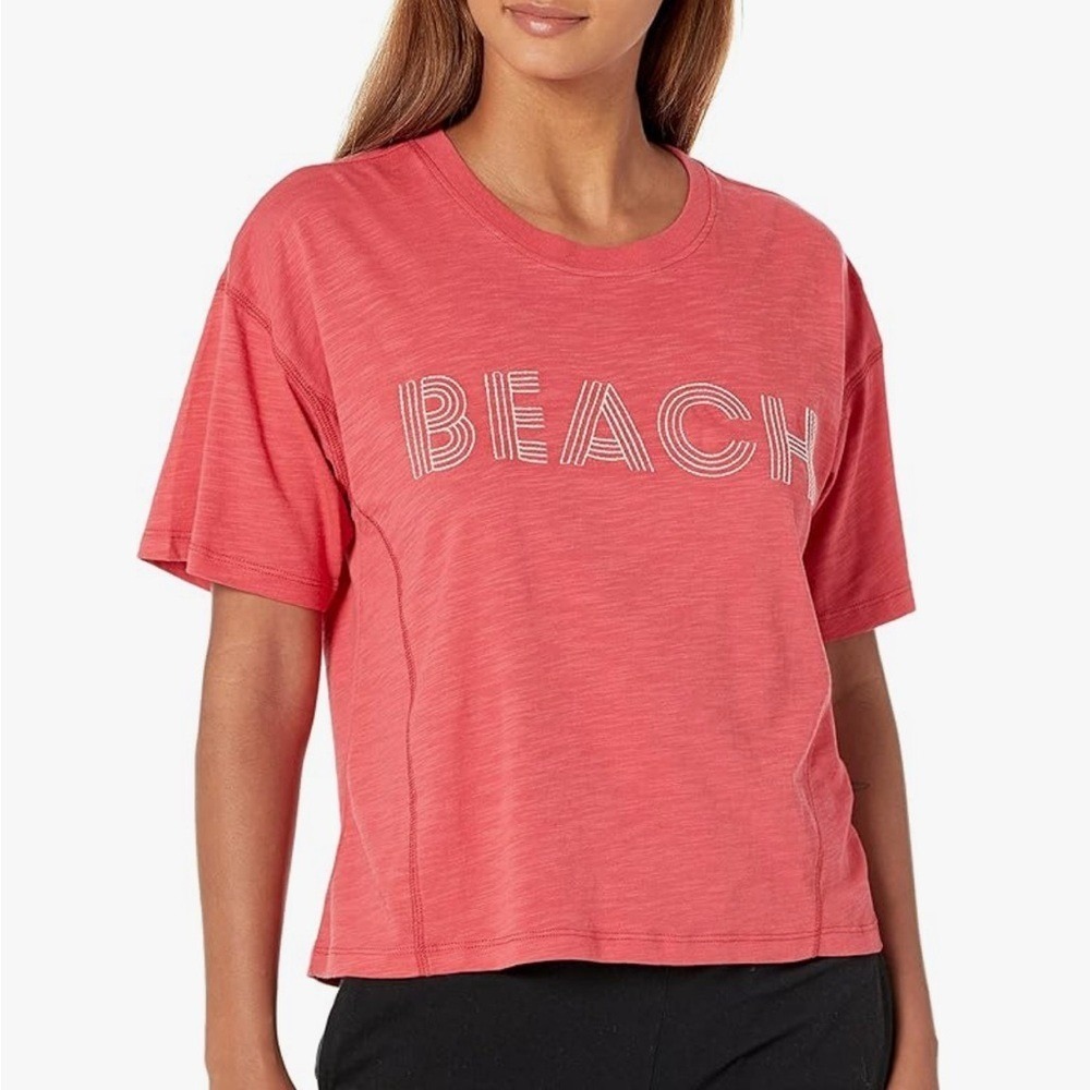 PJ Salvage Beach T-Shirt Women Medium Pink Embroidered Slub Knit Boxy Tee